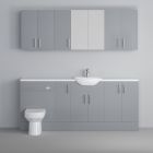 Fairford Connect Gloss Grey 2000mm Pack, Vanity, WC with Wall Cupboards and Mirror Cabinet. White worktop. Chrome Fittings