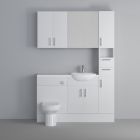 Fairford Connect Gloss White 1500mm Pack, Vanity, WC, Wall Cupboards, Mirror Cabinet with Tall Cupboard. White worktop. Chrome Fittings