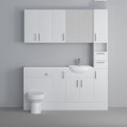 Fairford Connect Gloss White 1600mm Pack, Vanity, WC, Wall Cupboards, Mirror Cabinet with Tall Cupboard. White worktop. Chrome Fittings