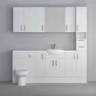 Fairford Connect Gloss White 1900mm Pack, Vanity, WC, Wall Cupboards, Mirror Cabinet with Tall Cupboard. White worktop. Chrome Fittings