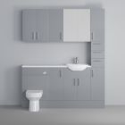 Fairford Connect Gloss Grey 1600mm Pack, Vanity, WC, Wall Cupboards, Mirror Cabinet with Tall Cupboard. White worktop. Chrome Fittings