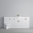 Fairford Connect Gloss White 1800mm Pack, Vanity, WC and 3 FS Cupboard Units. Matt Marble worktop. Brushed Brass Fittings