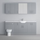 Fairford Connect Gloss Grey 1900mm Pack, Vanity, WC with Wall Cupboards and Mirror Cabinet. Matt Marble worktop. Chrome Fittings