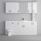 Fairford Connect Gloss White 1800mm Pack, Vanity, WC, Wall Cupboards, Mirror Cabinet with Tall Cupboard. Matt Marble worktop. Brushed Brass Fittings