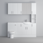 Fairford Connect Gloss White 1900mm Pack, Vanity, WC, Wall Cupboards, Mirror Cabinet with Tall Cupboard. Matt Marble worktop. Chrome Fittings