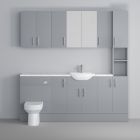 Fairford Connect Gloss Grey 1800mm Pack, Vanity, WC, Wall Cupboards, Mirror Cabinet with Tall Cupboard. Matt Marble worktop. Chrome Fittings