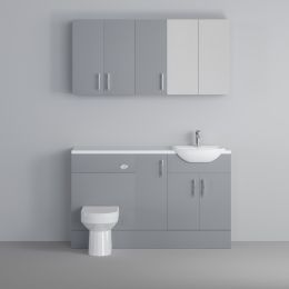 Fairford Connect Gloss Grey 1500mm Pack, Vanity, WC with Wall Cupboards and Mirror Cabinet. White worktop. Chrome Fittings