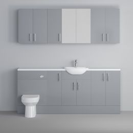 Fairford Connect Gloss Grey 1900mm Pack, Vanity, WC with Wall Cupboards and Mirror Cabinet. White worktop. Chrome Fittings