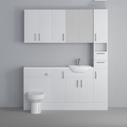 Fairford Connect Gloss White 1800mm Pack, Vanity, WC, Wall Cupboards, Mirror Cabinet with Tall Cupboard. White worktop. Chrome Fittings