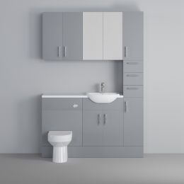 Fairford Connect Gloss Grey 1500mm Pack, Vanity, WC, Wall Cupboards, Mirror Cabinet with Tall Cupboard. White worktop. Chrome Fittings
