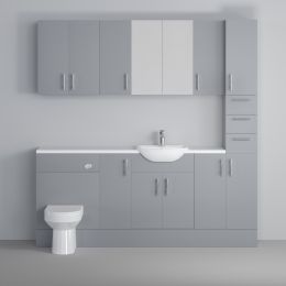 Fairford Connect Gloss Grey 1900mm Pack, Vanity, WC, Wall Cupboards, Mirror Cabinet with Tall Cupboard. White worktop. Chrome Fittings