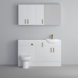 Fairford Connect Gloss White 1500mm Pack, Vanity, WC with Wall Cupboards and Mirror Cabinet. Matt Marble worktop. Brushed Brass Fittings