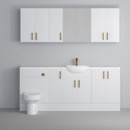 Fairford Connect Gloss White 1900mm Pack, Vanity, WC with Wall Cupboards and Mirror Cabinet. Matt Marble worktop. Brushed Brass Fittings