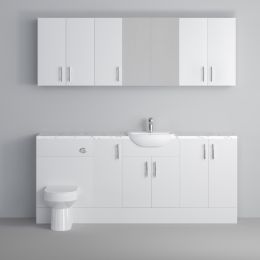 Fairford Connect Gloss White 1900mm Pack, Vanity, WC with Wall Cupboards and Mirror Cabinet. Matt Marble worktop. Chrome Fittings