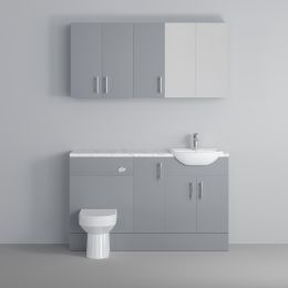 Fairford Connect Gloss Grey 1500mm Pack, Vanity, WC with Wall Cupboards and Mirror Cabinet. Matt Marble worktop. Chrome Fittings