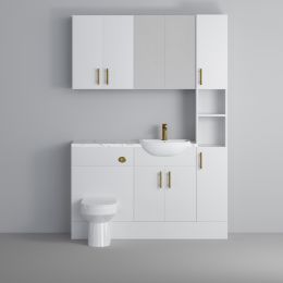Fairford Connect Gloss White 1500mm Pack, Vanity, WC, Wall Cupboards, Mirror Cabinet with Tall Cupboard. Matt Marble worktop. Brushed Brass Fittings