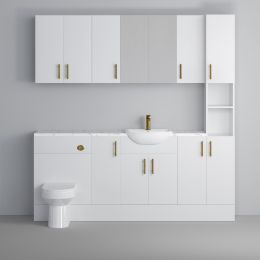 Fairford Connect Gloss White 1800mm Pack, Vanity, WC, Wall Cupboards, Mirror Cabinet with Tall Cupboard. Matt Marble worktop. Brushed Brass Fittings