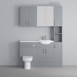 Fairford Connect Gloss Grey 1500mm Pack, Vanity, WC, Wall Cupboards, Mirror Cabinet with Tall Cupboard. Matt Marble worktop. Chrome Fittings
