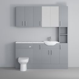 Fairford Connect Gloss Grey 1600mm Pack, Vanity, WC, Wall Cupboards, Mirror Cabinet with Tall Cupboard. Matt Marble worktop. Chrome Fittings