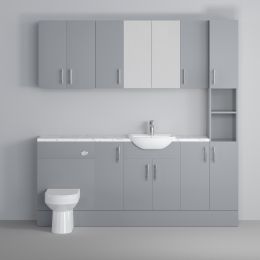 Fairford Connect Gloss Grey 1900mm Pack, Vanity, WC, Wall Cupboards, Mirror Cabinet with Tall Cupboard. Matt Marble worktop. Chrome Fittings