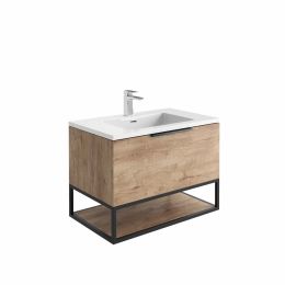 Fairford Tone 800mm Rustic Oak Wall Hung Vanity Unit with Matt Black Frame and White Basin
