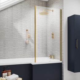 Fairford 6mm Brushed Brass L Shape Shower Bath Screen with Fixed Return