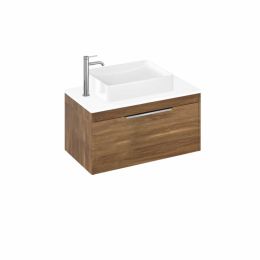 Britton Bathrooms Shoreditch 850mm Wall Hung Vanity Unit Caramel Single Drawer with White Worktop and Quad Countertop Basin