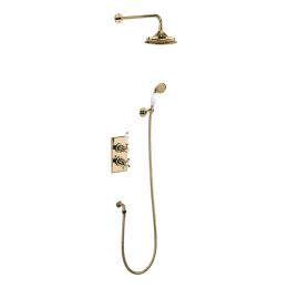 Burlington Trent Thermostatic Dual Outlet Concealed Divertor Shower Valve, Fixed Shower Arm, Handset & Holder with Hose with Rose Gold White accent 9" Rose