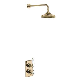 Burlington Trent Thermostatic Single Outlet Concealed Shower Valve with Fixed Shower Arm Gold White accent 9" Rose