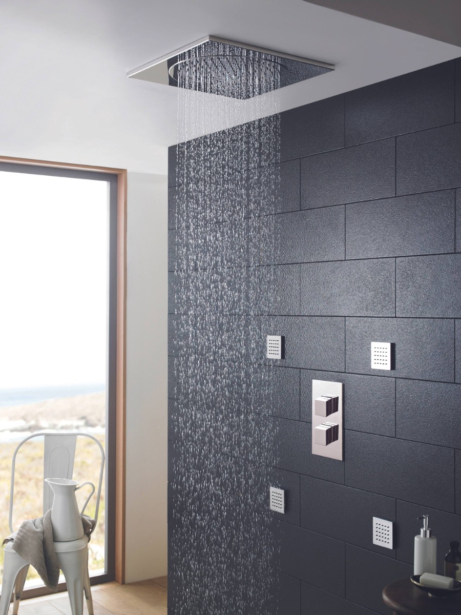 black feature wall in bathroom behind shower