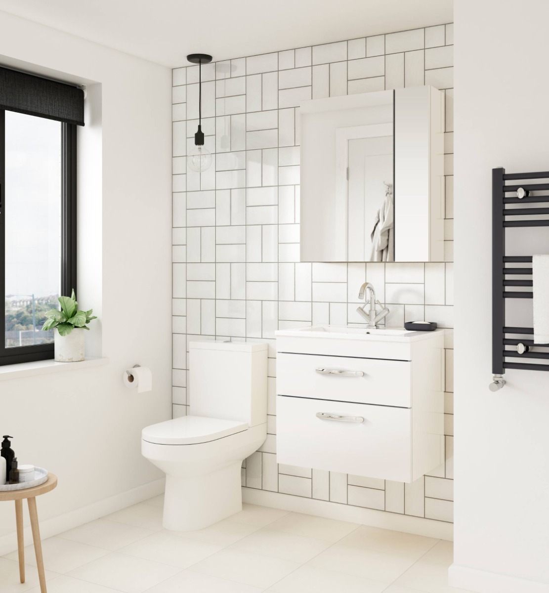 black and white bathroom with pendant lighting