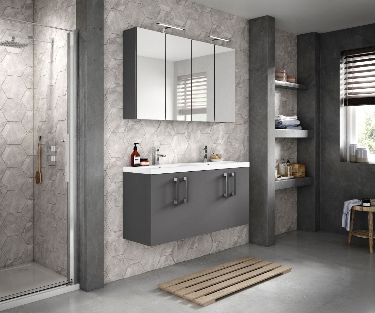 monochrome bathroom with grey wall and vanity unit
