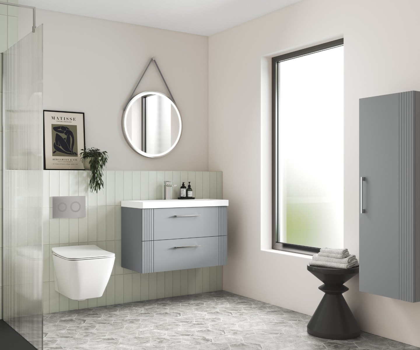 grey bathroom with toilet, basin and large window