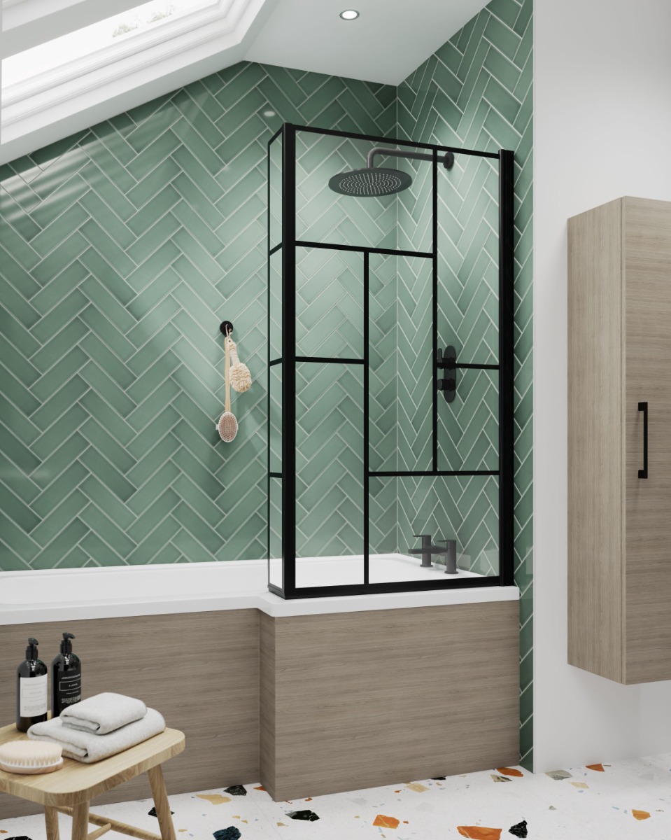 shower bath with green tiles and oak bath panel