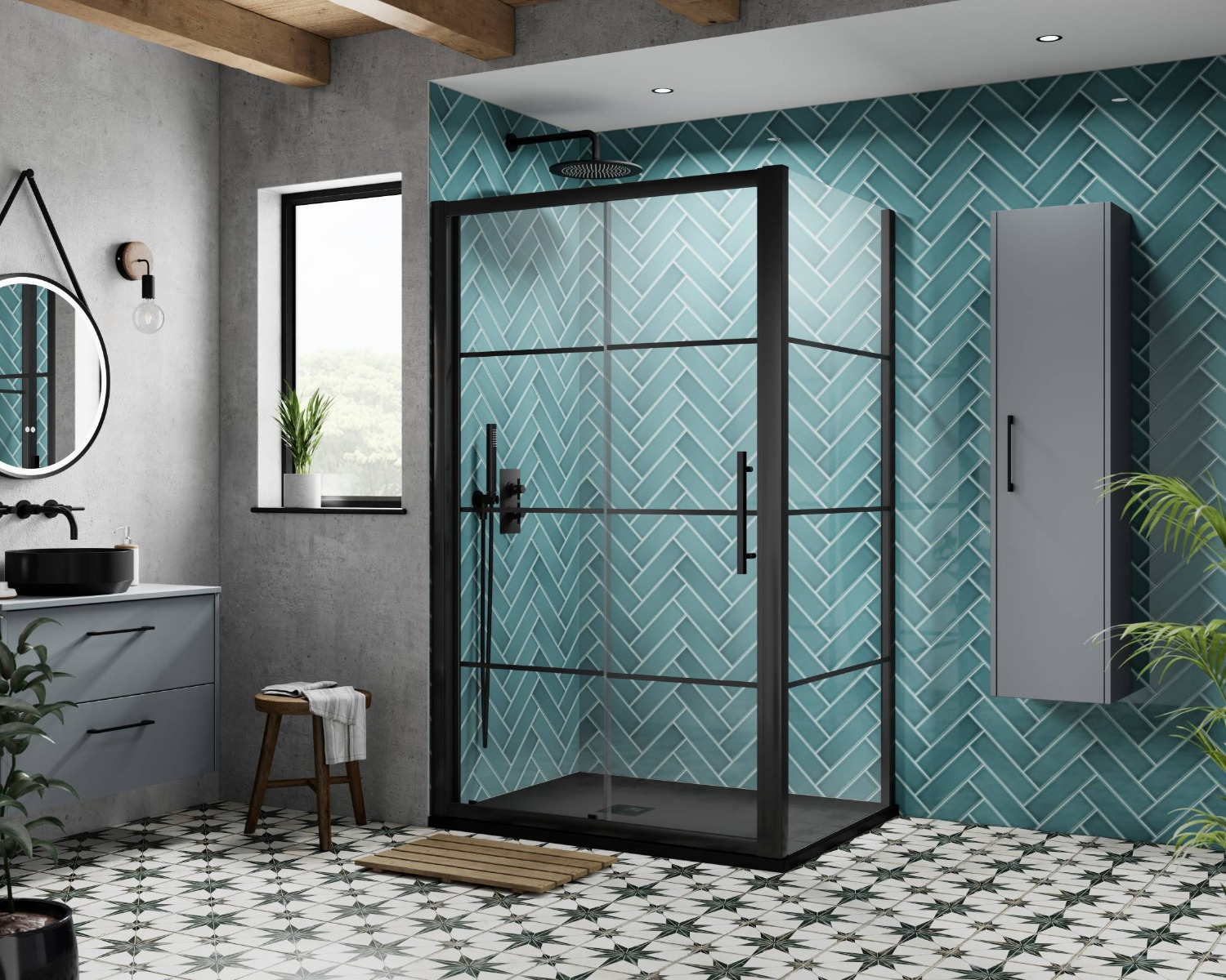 blue bathroom with tiles