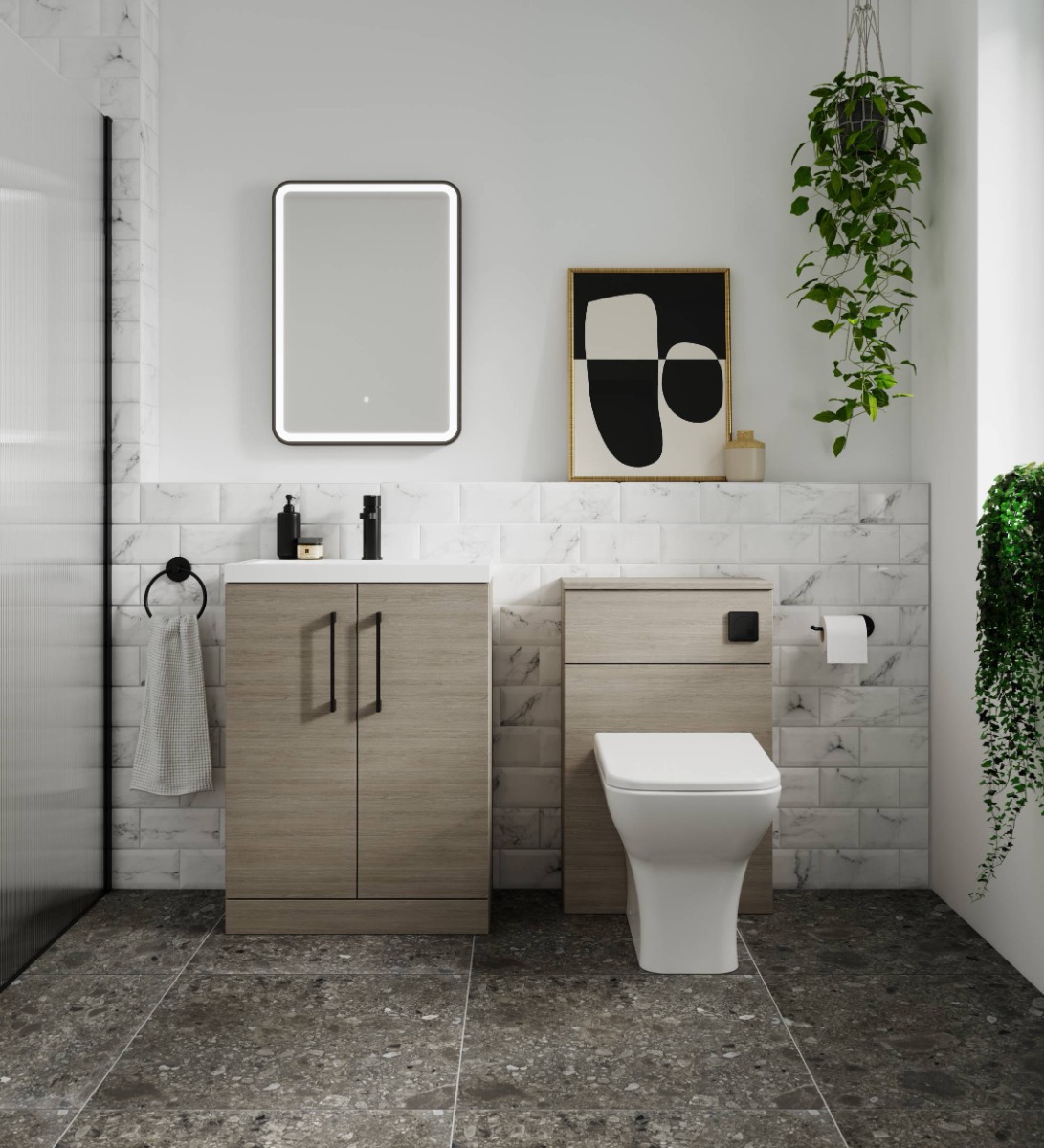 grey bathroom with wall panels and wooden features