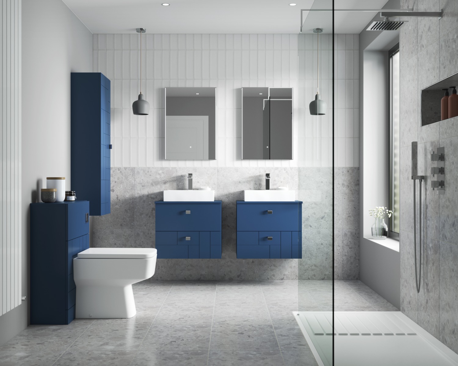 double basin in luxury grey and blue bathroom