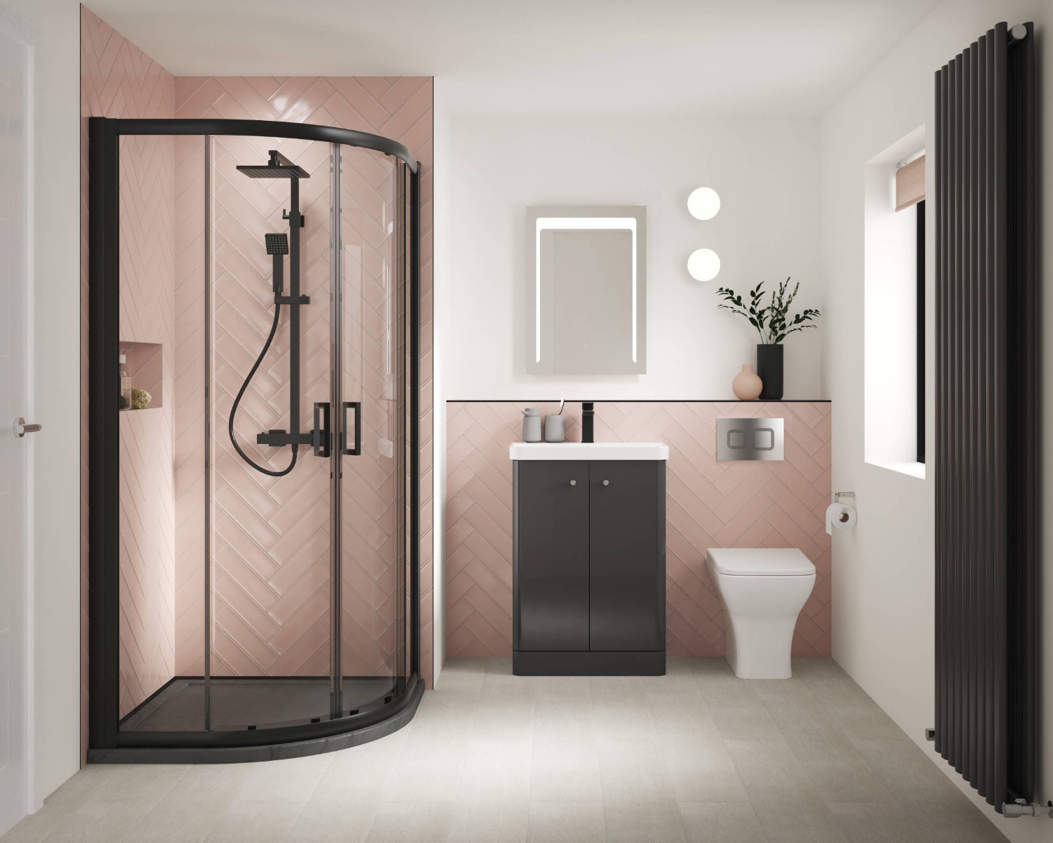 pink bathroom with matte black shower and black vanity unit