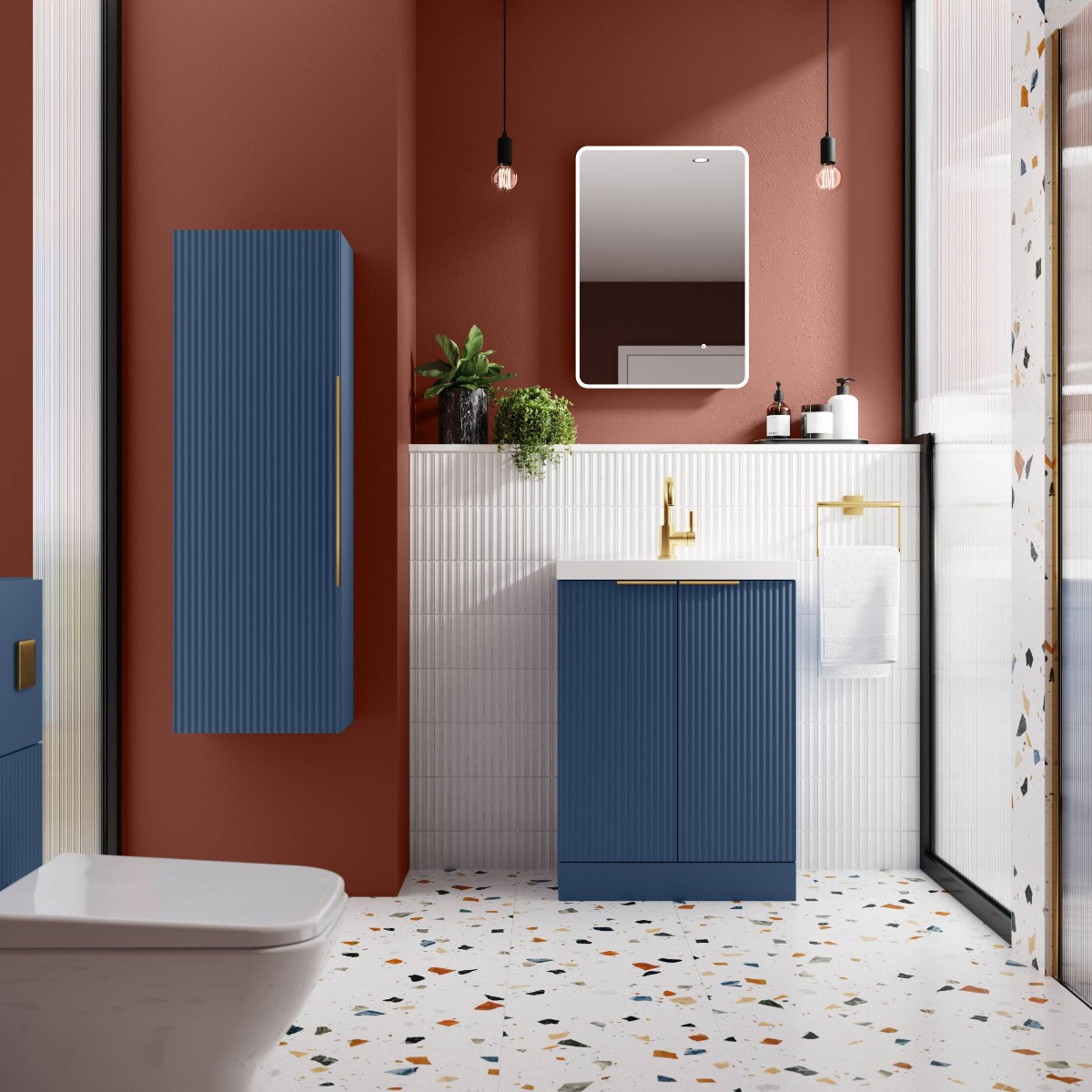 modern bathroom with orange walls and blue furniture features