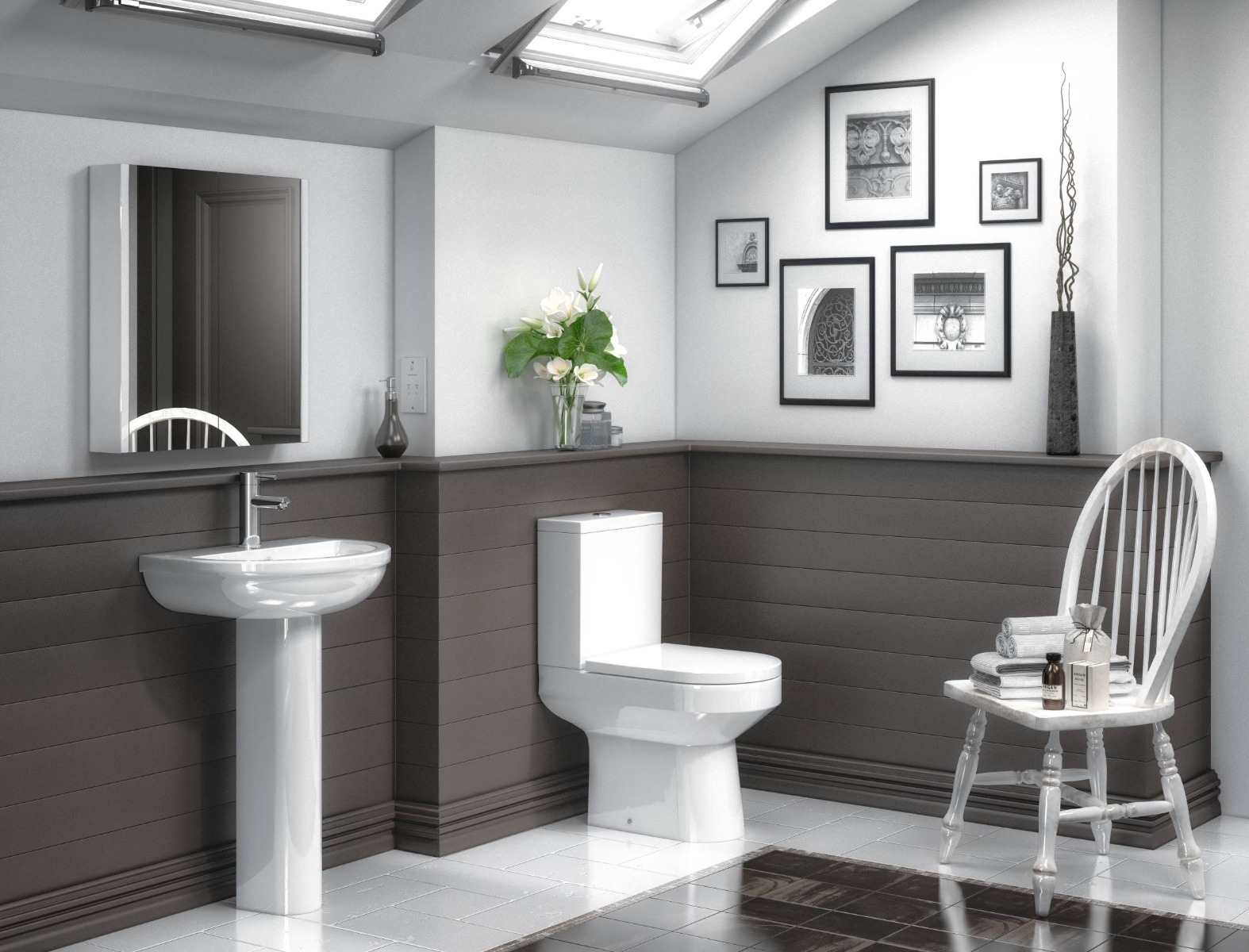 grey traditional bathroom with sloped ceiling