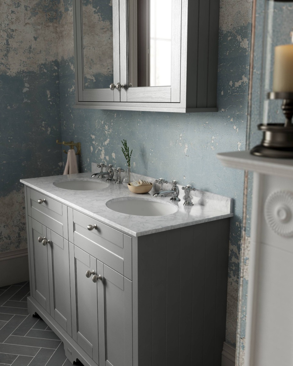 double basin vanity unit with grey doors