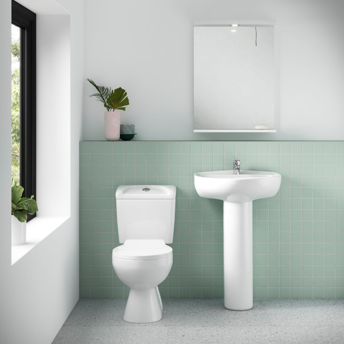peppermint green bathroom tile with basin and toilet