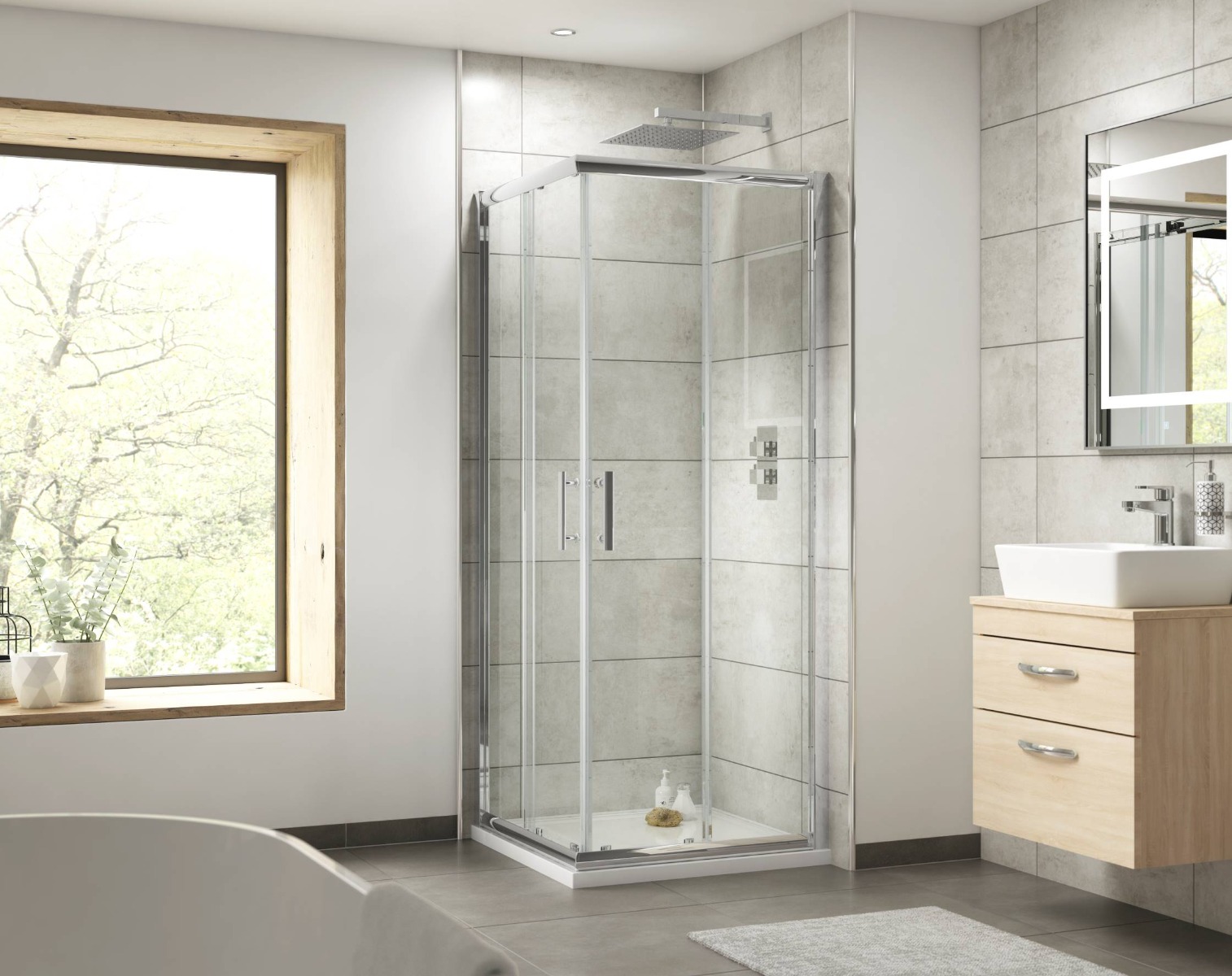 square corner shower with grey tiles