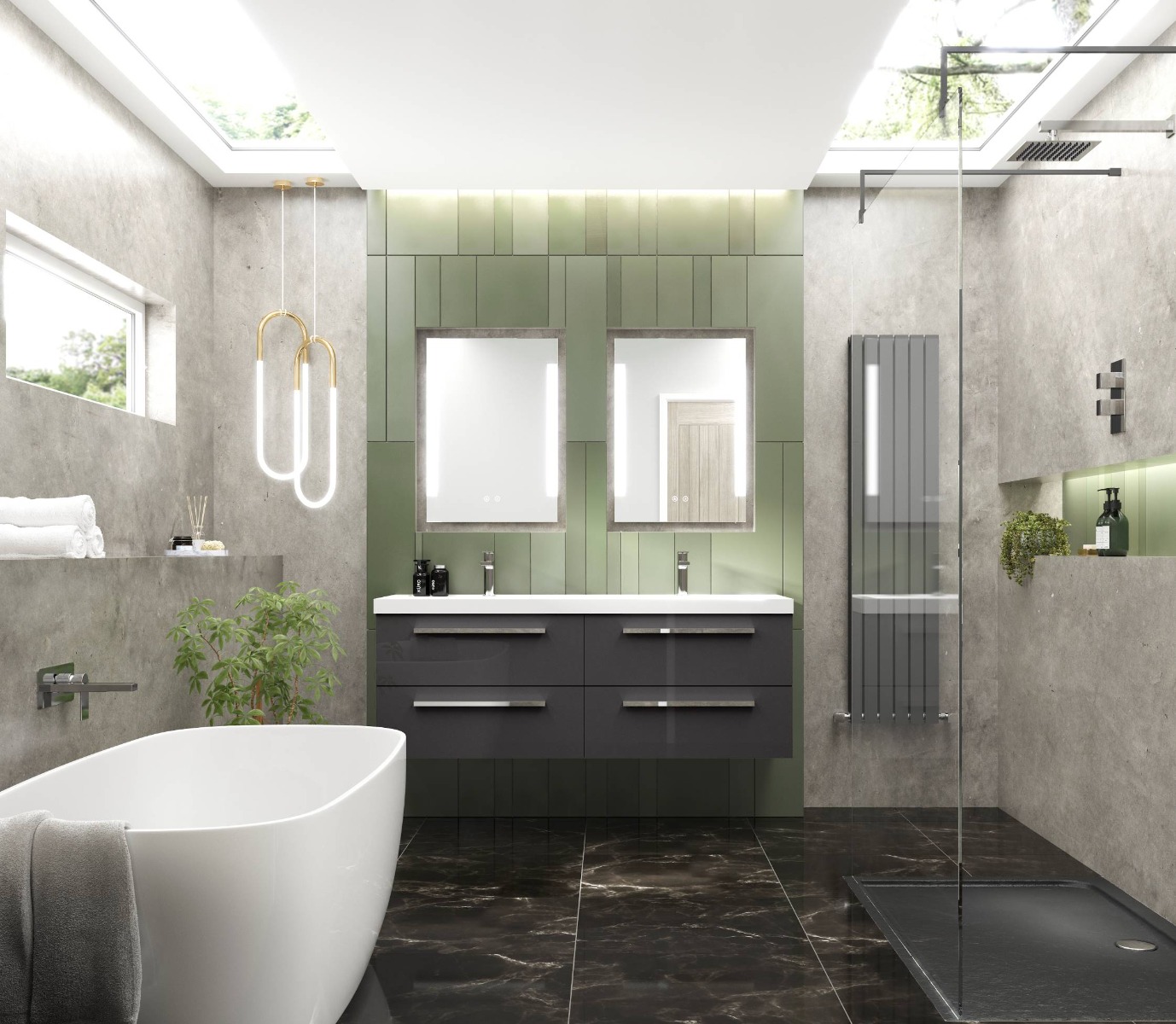 industrial green and grey bathroom with roll top bath and wetroom shower