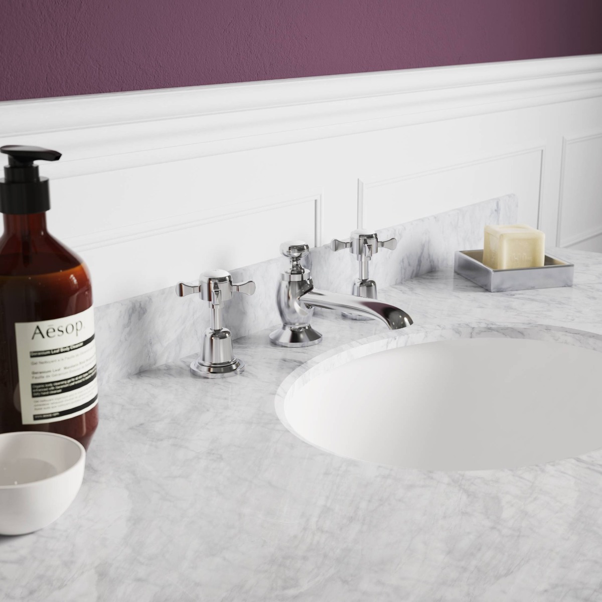 purple traditional bathroom with marble basin