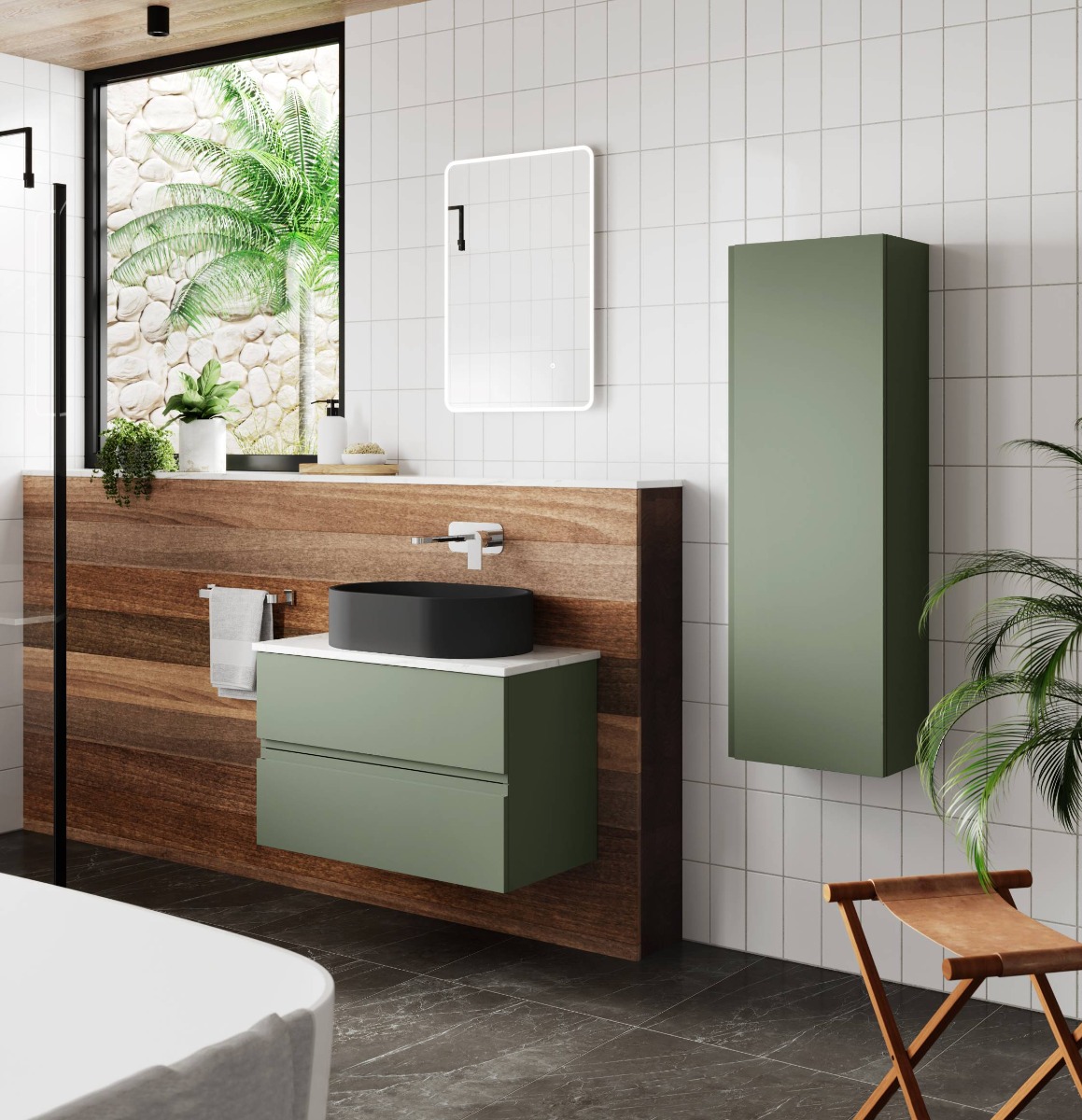 natural looking bathroom with green furniture and wooden panelling