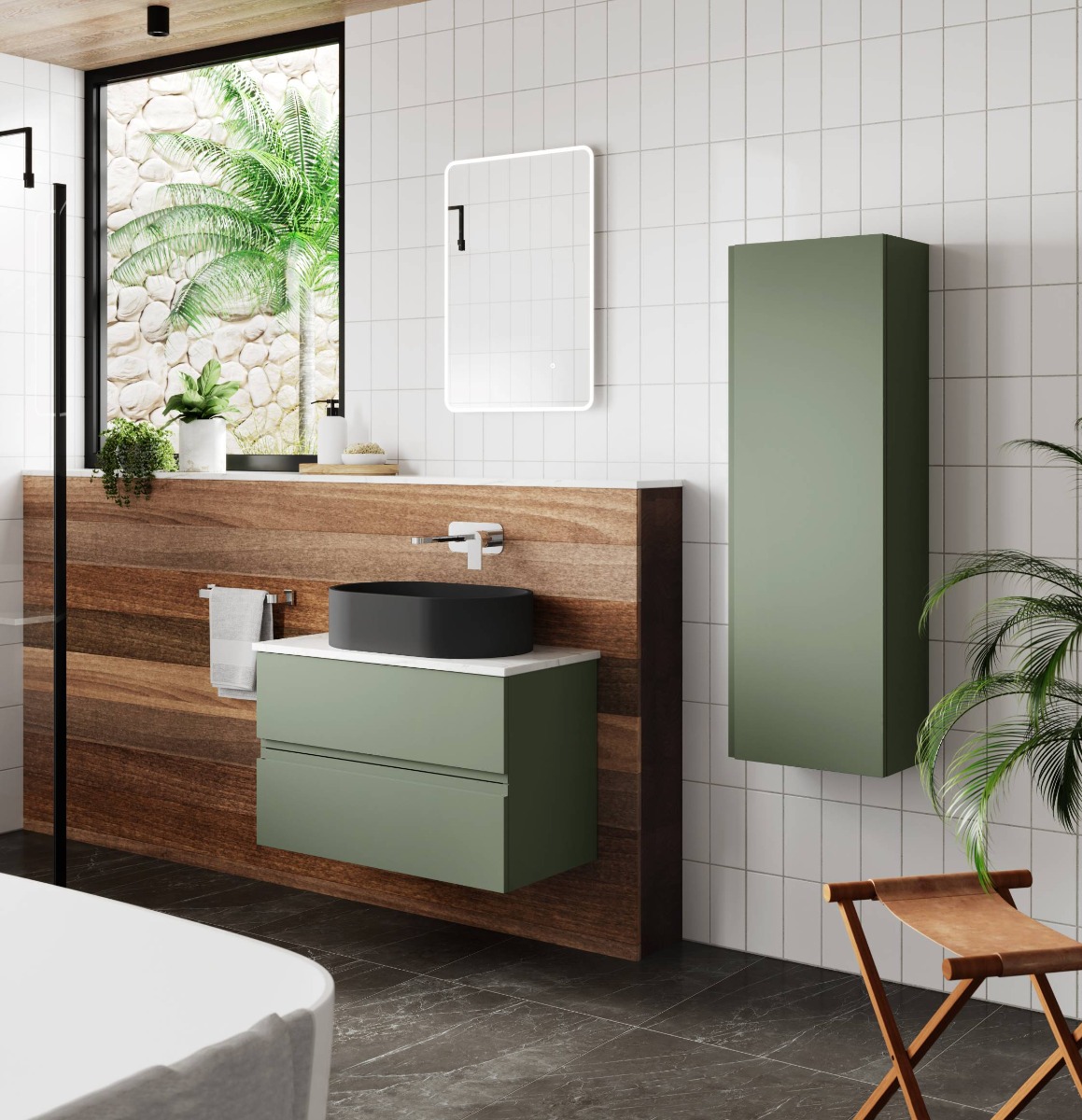 green and oak bathroom