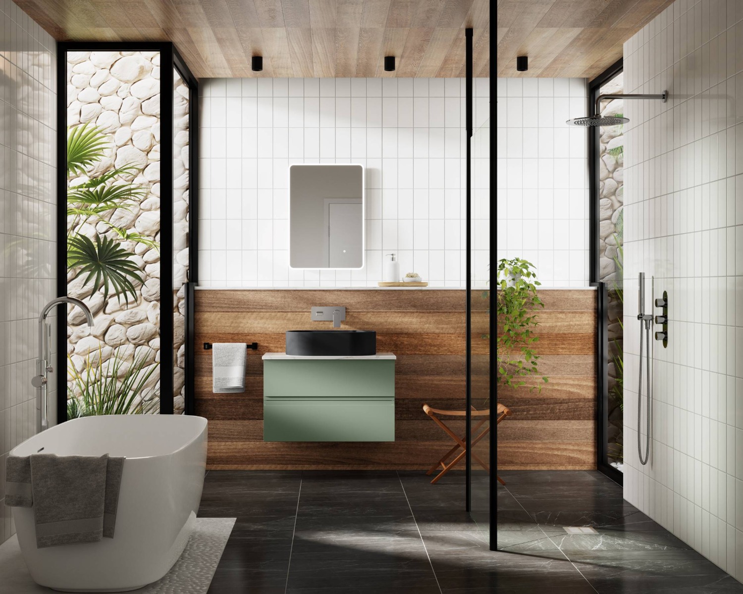 green bathroom design with role top bath and wet room shower