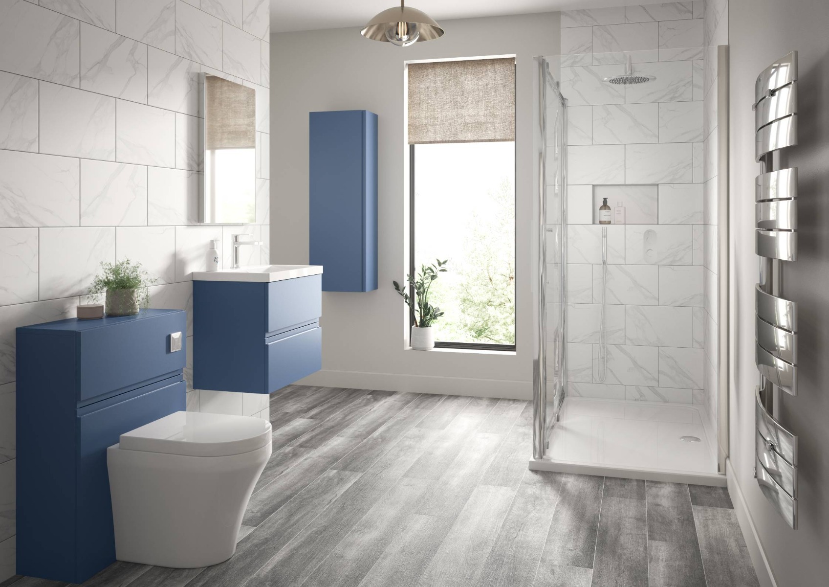 white, blue and grey bathroom design