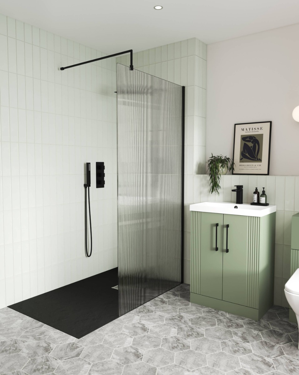 wet room shower with green tiles